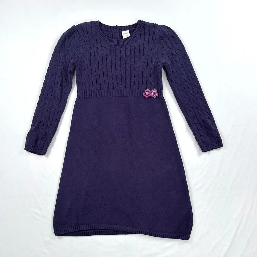 Gymboree Sweater Dress Girls 7 Purple Knit Flowers Cotton Long Sleeve Pullover